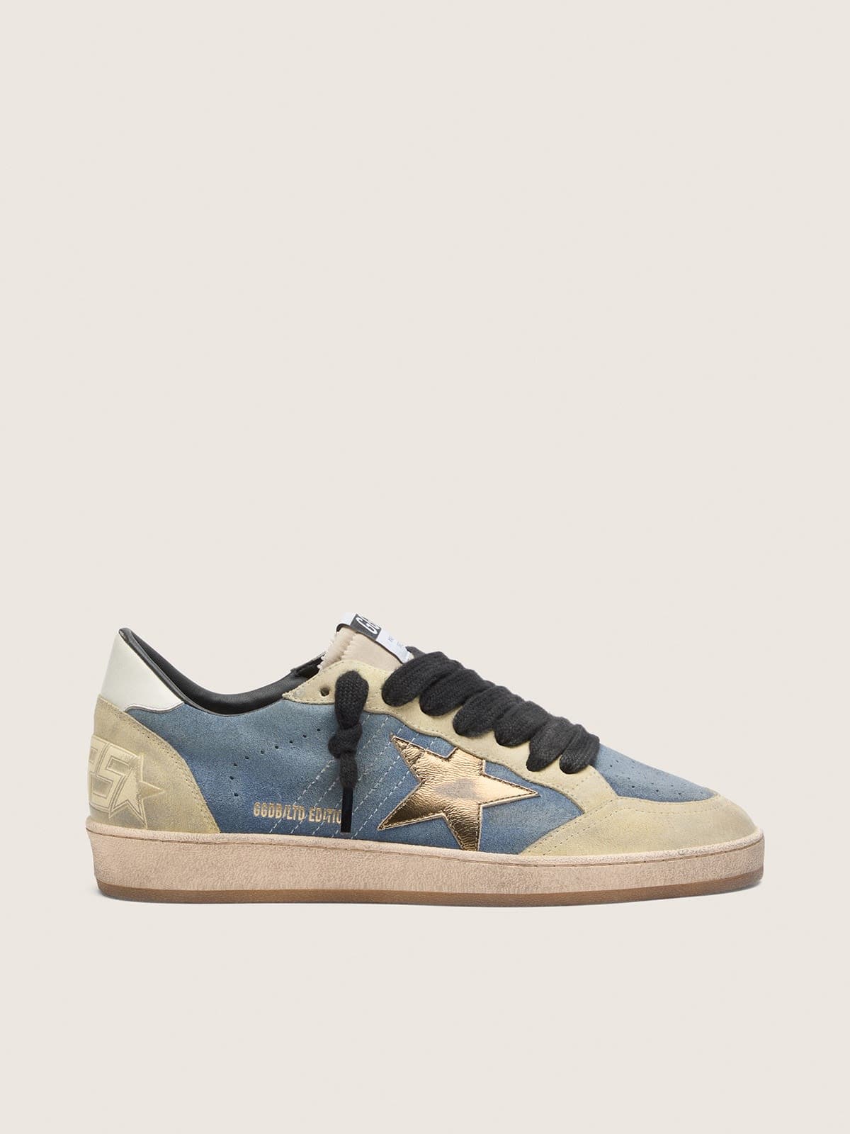 Golden Goose Mens Ball Star Ltd In Denim Blue Suede With Metallic Gold Leather Star Mens