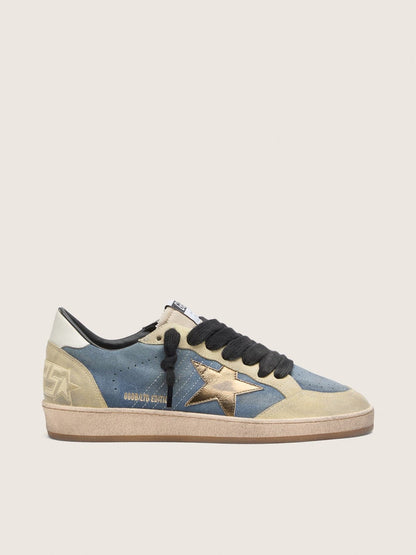 Golden Goose Mens Ball Star Ltd In Denim Blue Suede With Metallic Gold Leather Star Mens