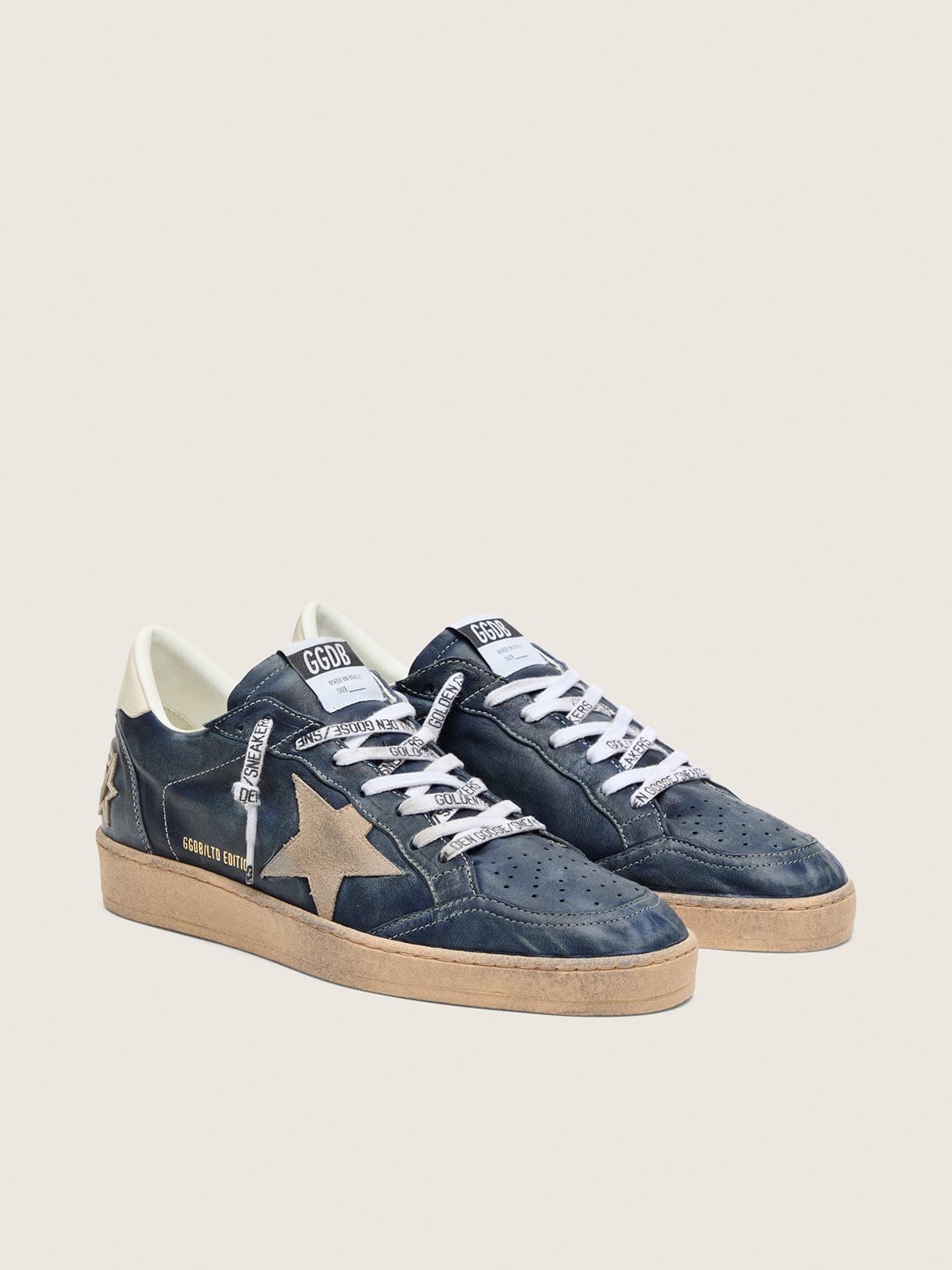 Golden Goose Mens Ball Star Ltd In Dark Blue Leather With Beige Suede Star Mens