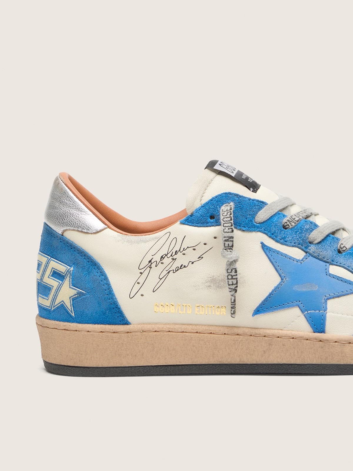 Golden Goose Mens Ball Star Ltd In White Leather With Light Blue Leather Star Mens