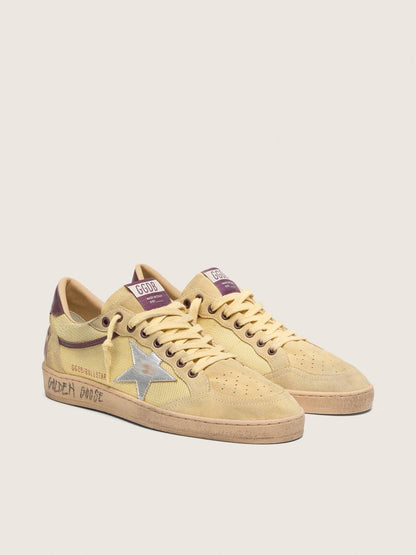 Golden Goose Mens Ball Star In Yellow Suede With Silver Star And Yellow Mesh Inserts Mens