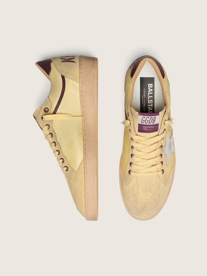 Golden Goose Mens Ball Star In Yellow Suede With Silver Star And Yellow Mesh Inserts Mens