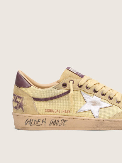 Golden Goose Mens Ball Star In Yellow Suede With Silver Star And Yellow Mesh Inserts Mens
