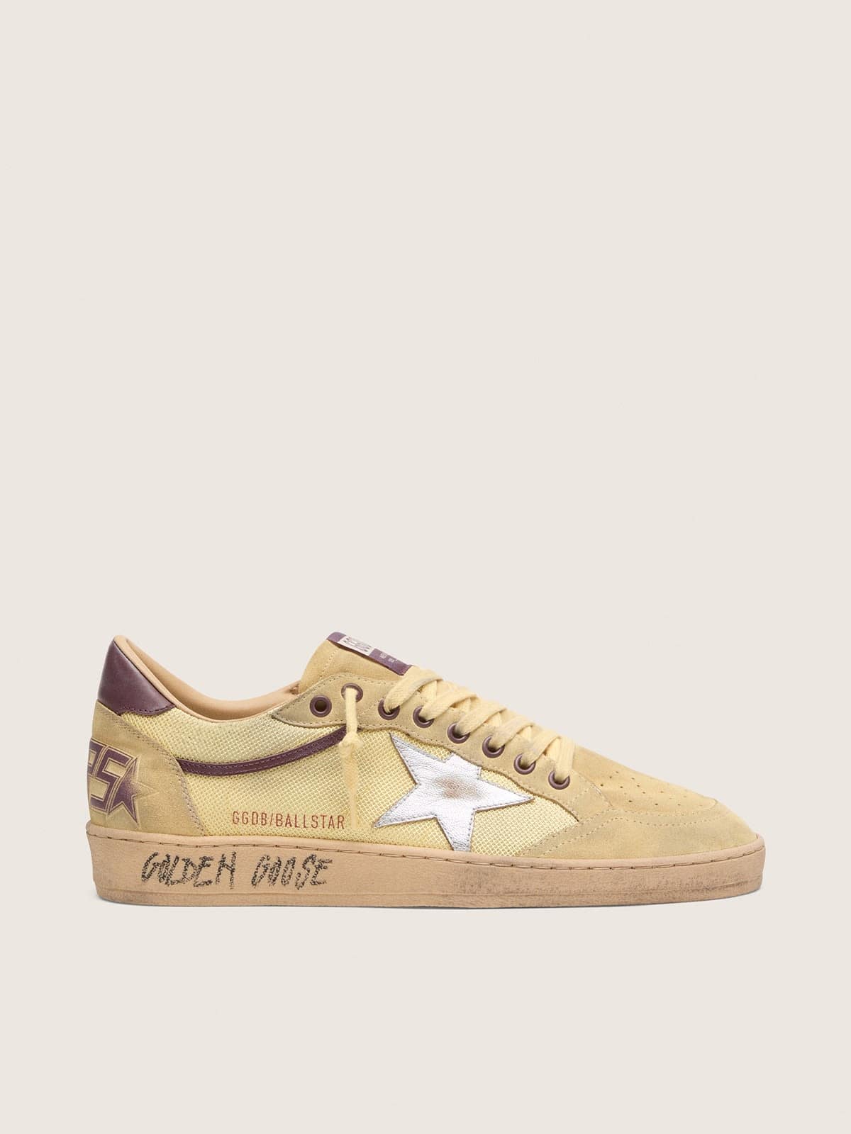 Golden Goose Mens Ball Star In Yellow Suede With Silver Star And Yellow Mesh Inserts Mens
