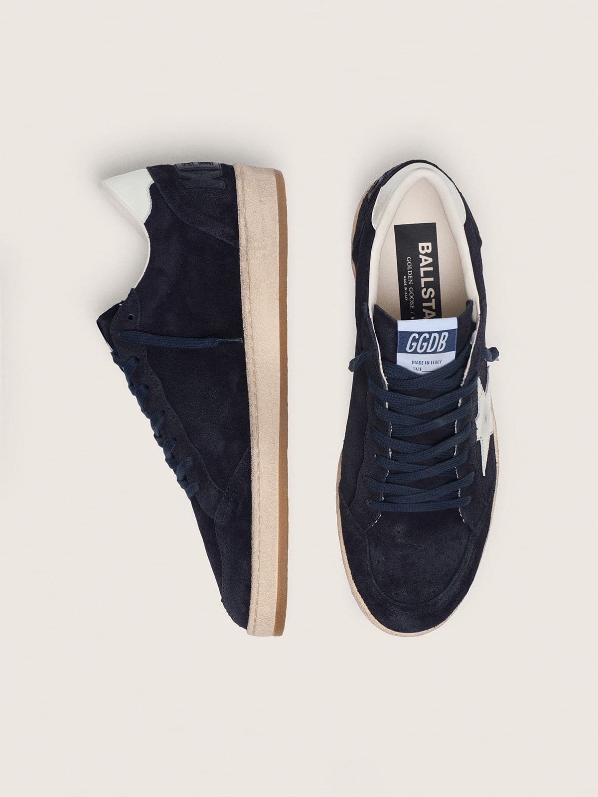 Golden Goose Mens Ball Star In Dark Blue Suede With White Leather Star Mens