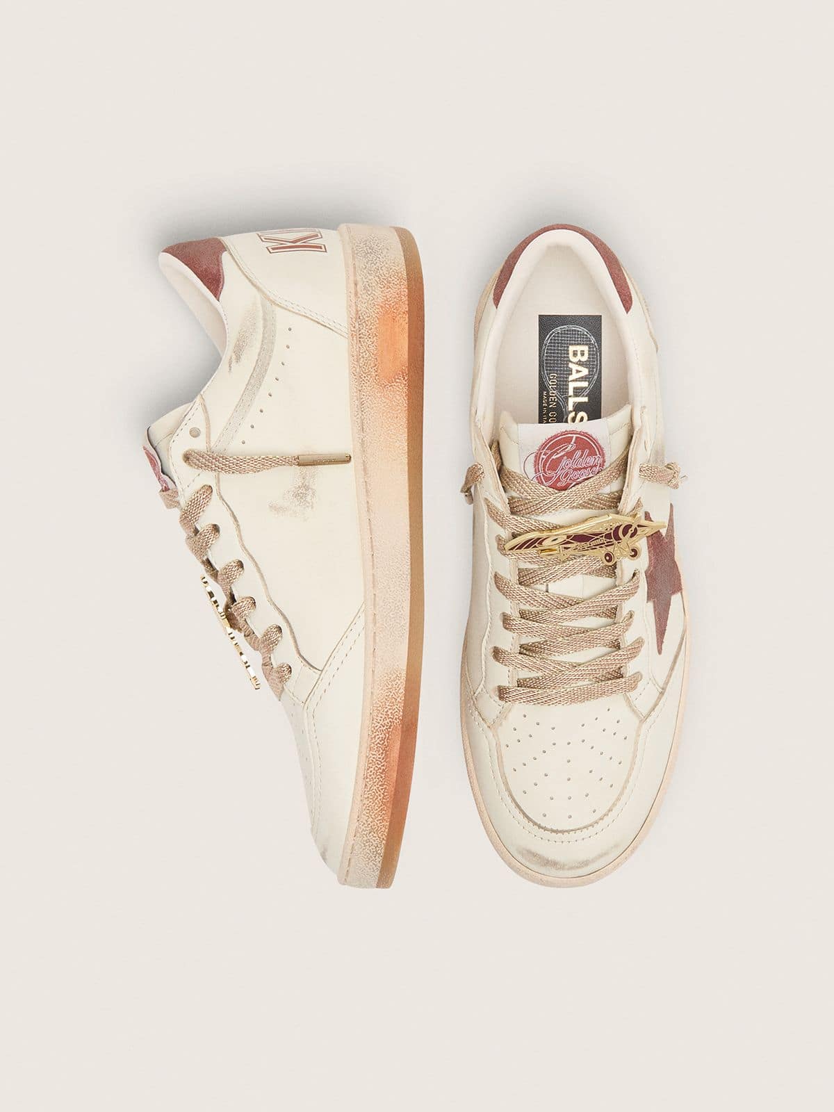 Golden Goose Mens Ball Star In White Leather With Rust Leather Star And Heel Tab Mens