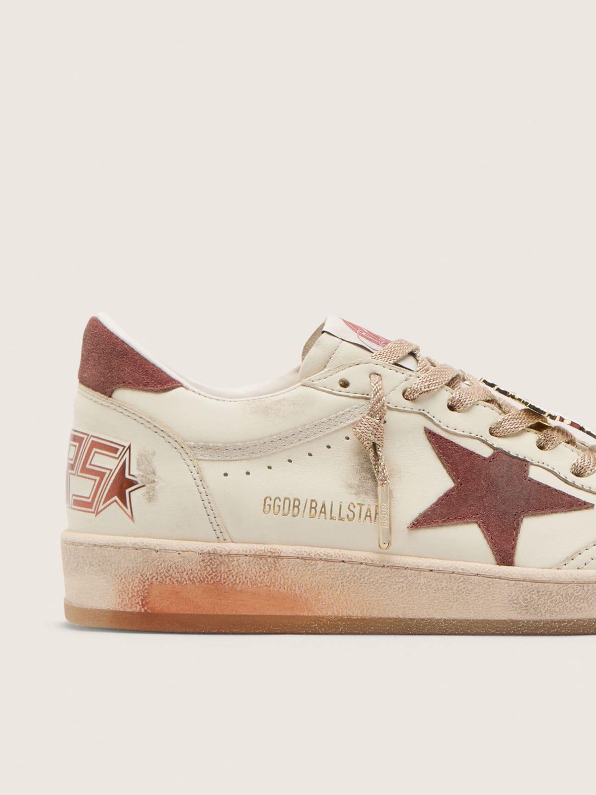 Golden Goose Mens Ball Star In White Leather With Rust Leather Star And Heel Tab Mens