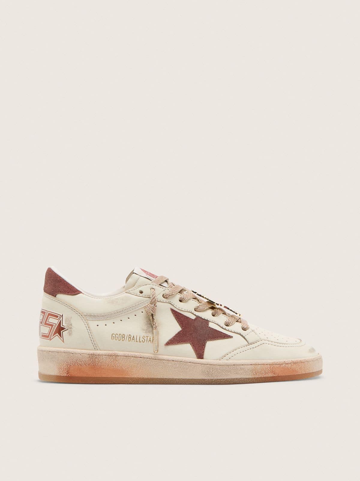 Golden Goose Mens Ball Star In White Leather With Rust Leather Star And Heel Tab Mens