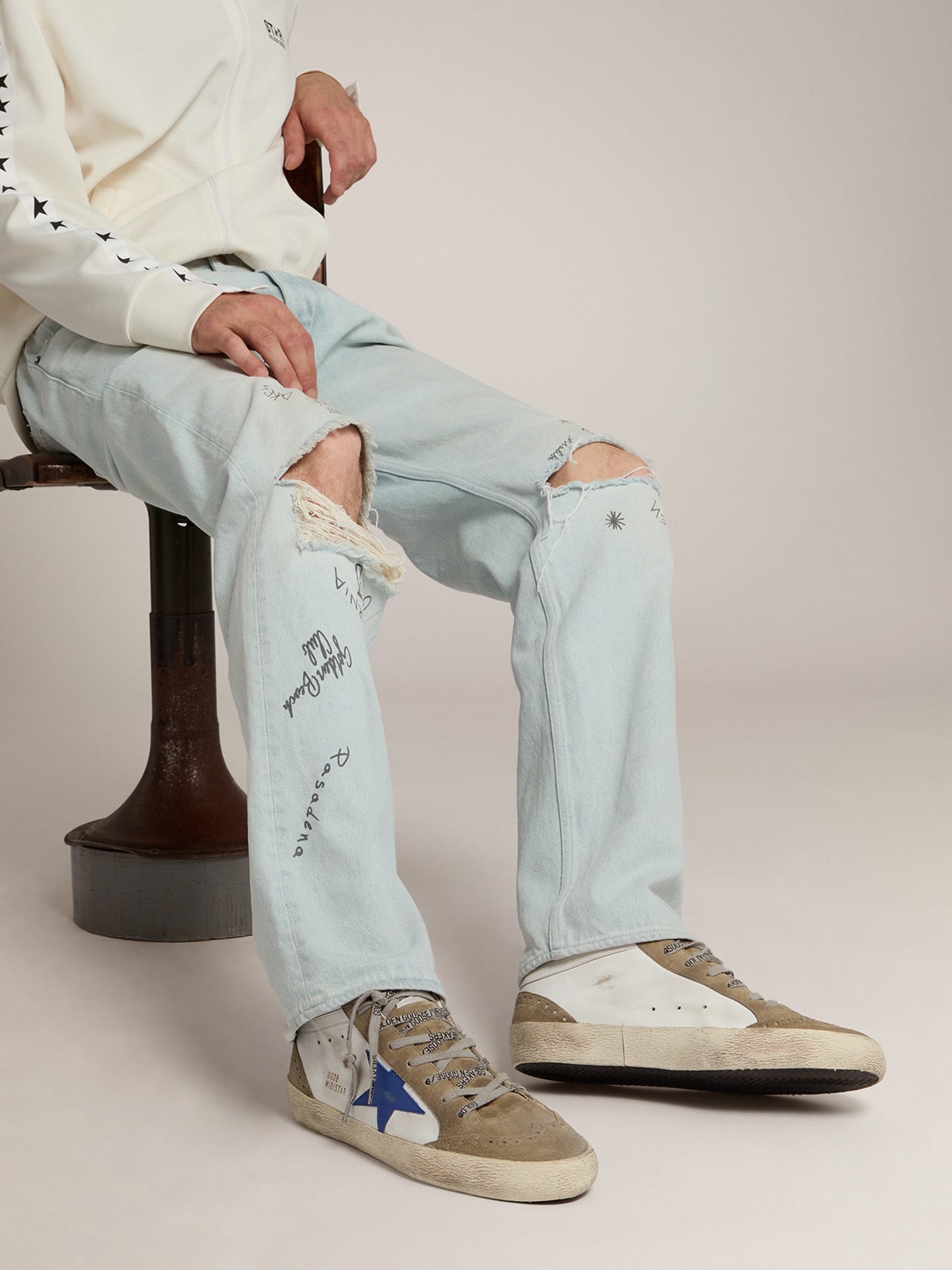 Golden Goose Mens Mid Star With Blue Leather Star And Dove-Gray Suede Inserts Mens