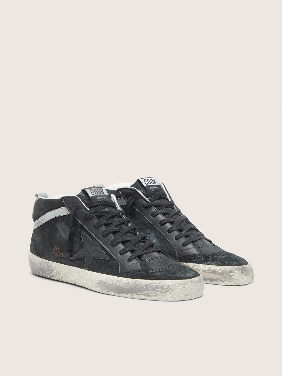 Golden Goose Mens Mid Star In Nubuck With Black Leather Star And Silver Flash Mens