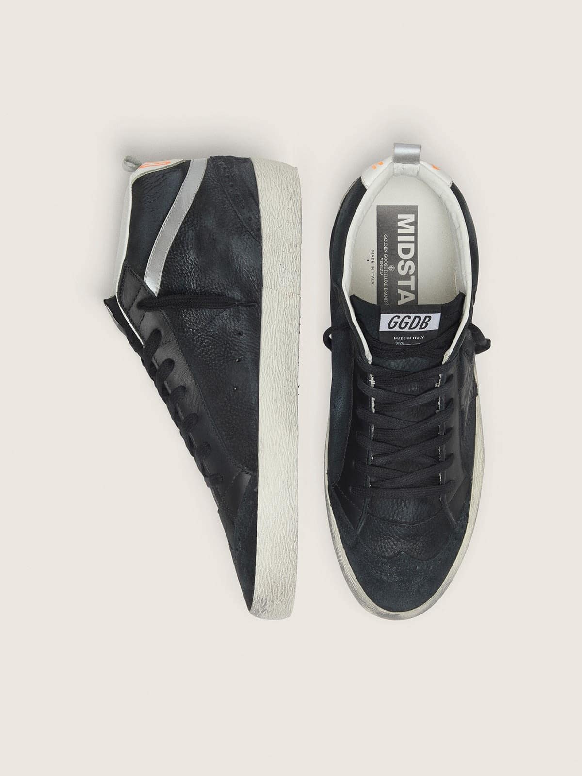 Golden Goose Mens Mid Star In Nubuck With Black Leather Star And Silver Flash Mens