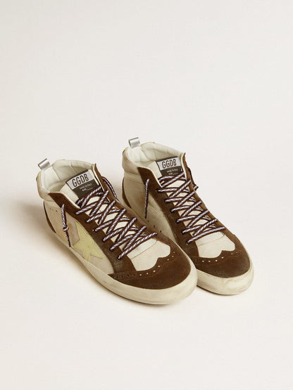 Golden Goose Mens Mid Star In Beige Glitter With Yellow Suede Star And Cotton Flash Mens