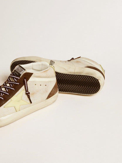 Golden Goose Mens Mid Star In Beige Glitter With Yellow Suede Star And Cotton Flash Mens