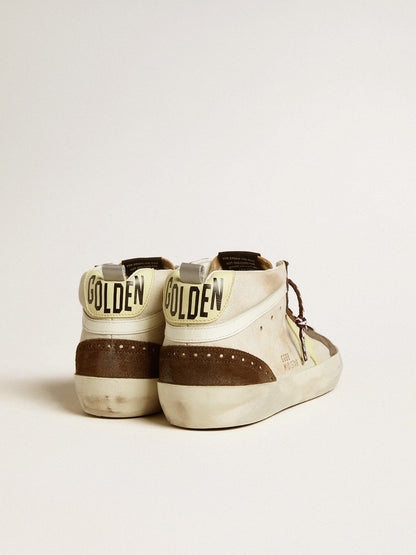 Golden Goose Mens Mid Star In Beige Glitter With Yellow Suede Star And Cotton Flash Mens