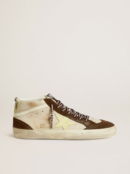 Golden Goose Mens Mid Star In Beige Glitter With Yellow Suede Star And Cotton Flash Mens