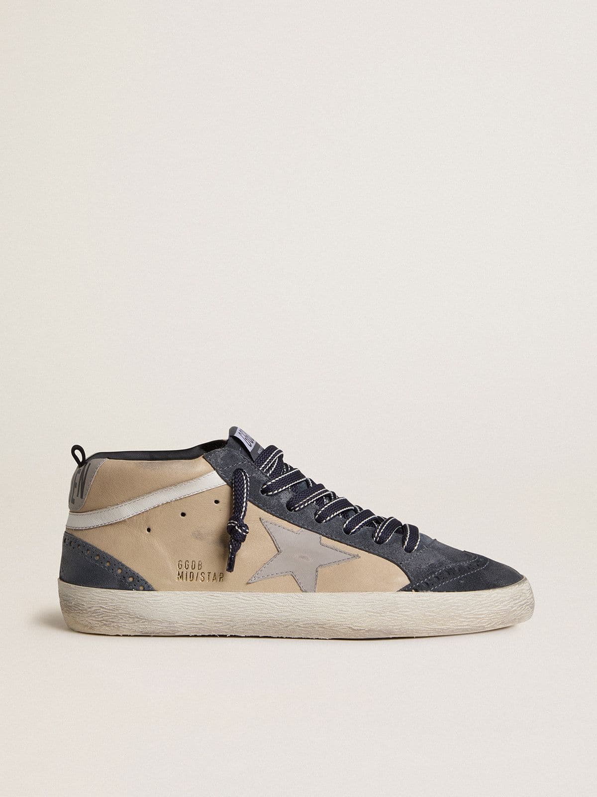 Golden Goose Mens Mid Star In Beige And Blue Suede With Gray Nappa Leather Star And White Leather Flash Mens