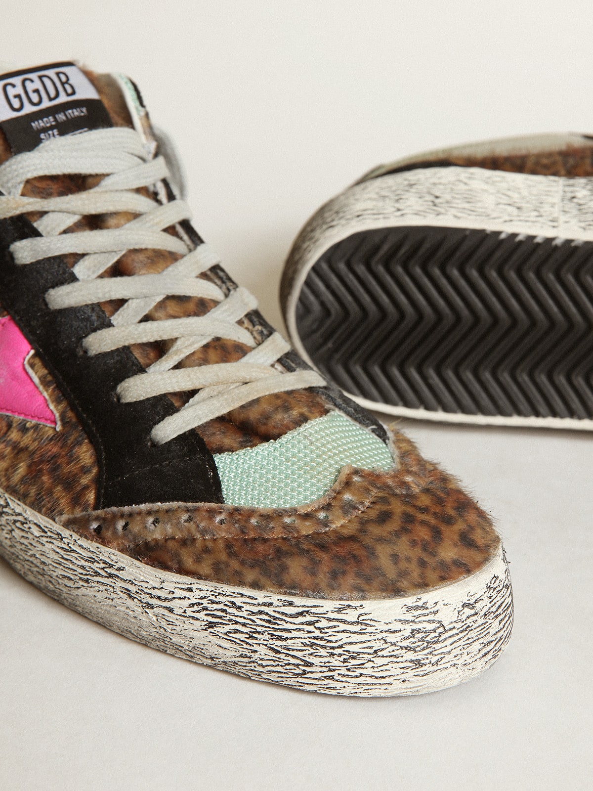 Golden Goose Mid Star In Leopard-Print Pony Skin With Fuchsia Leather Star Mens