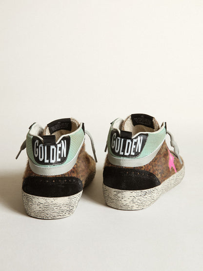 Golden Goose Mid Star In Leopard-Print Pony Skin With Fuchsia Leather Star Mens