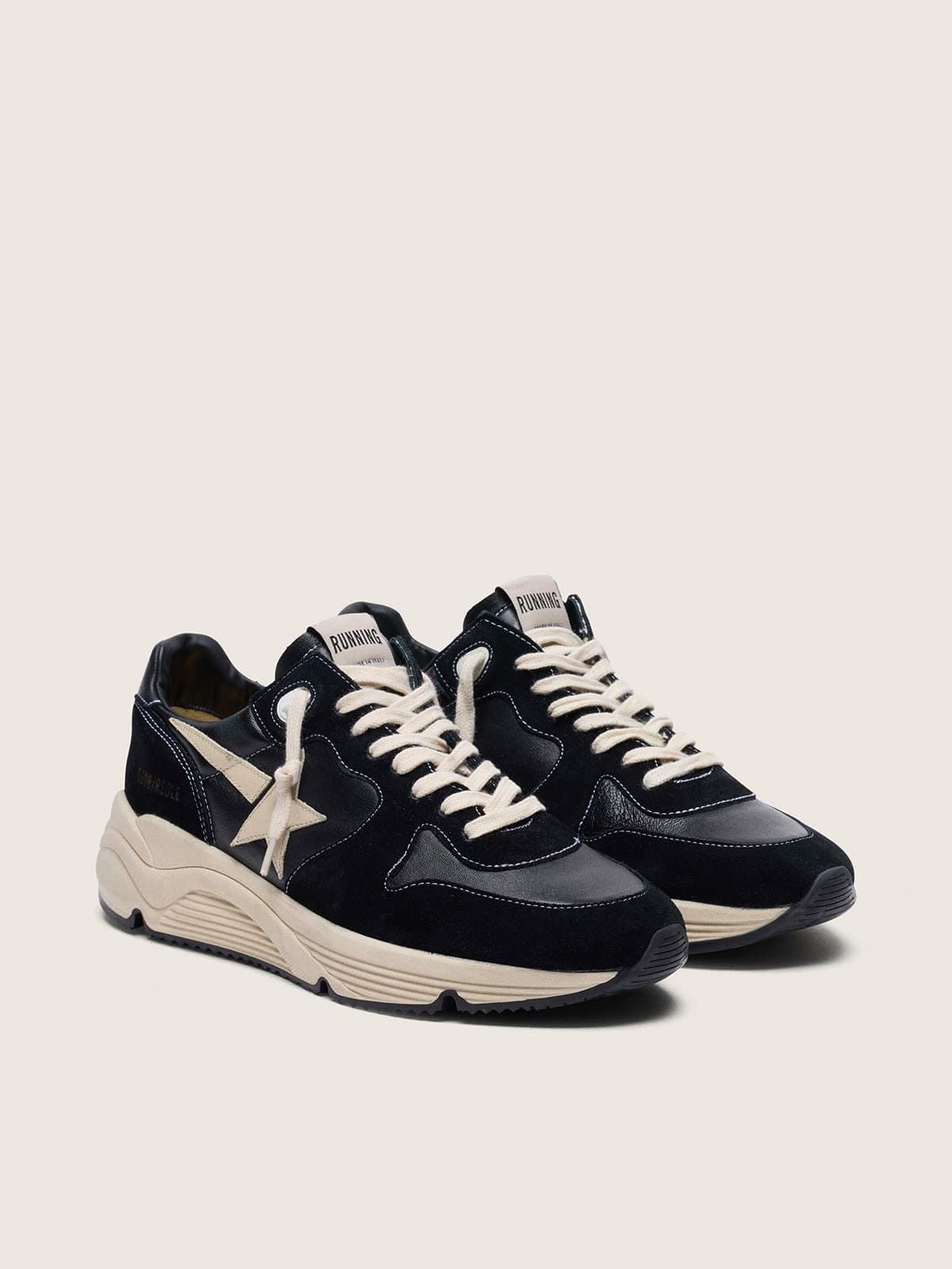 Golden Goose Mens Running Sole In Black Nappa Leather And Suede With A White Star Mens