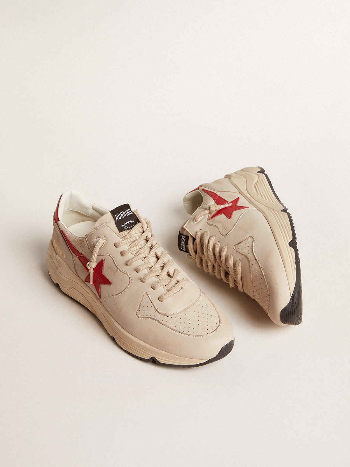 Golden Goose Mens Running Sole In Gray Morn Nappa Leather With Red Nappa Leather Star And Heel Tab Mens