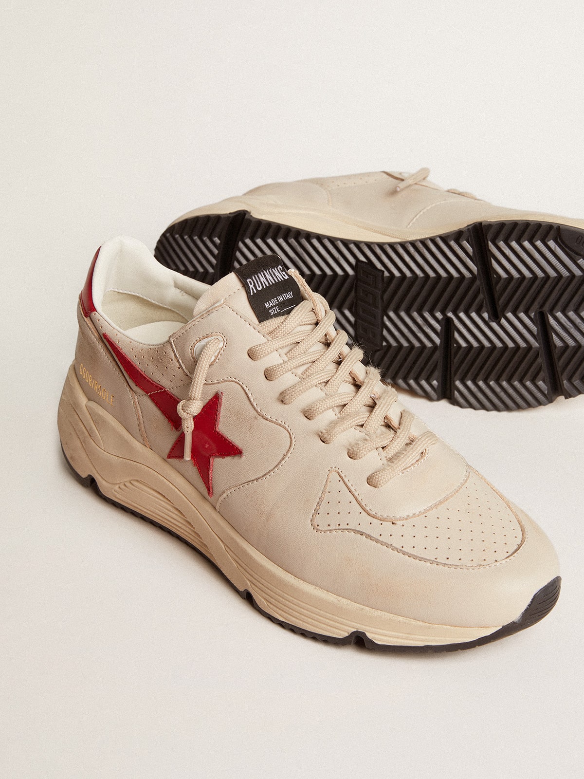 Golden Goose Mens Running Sole In Gray Morn Nappa Leather With Red Nappa Leather Star And Heel Tab Mens