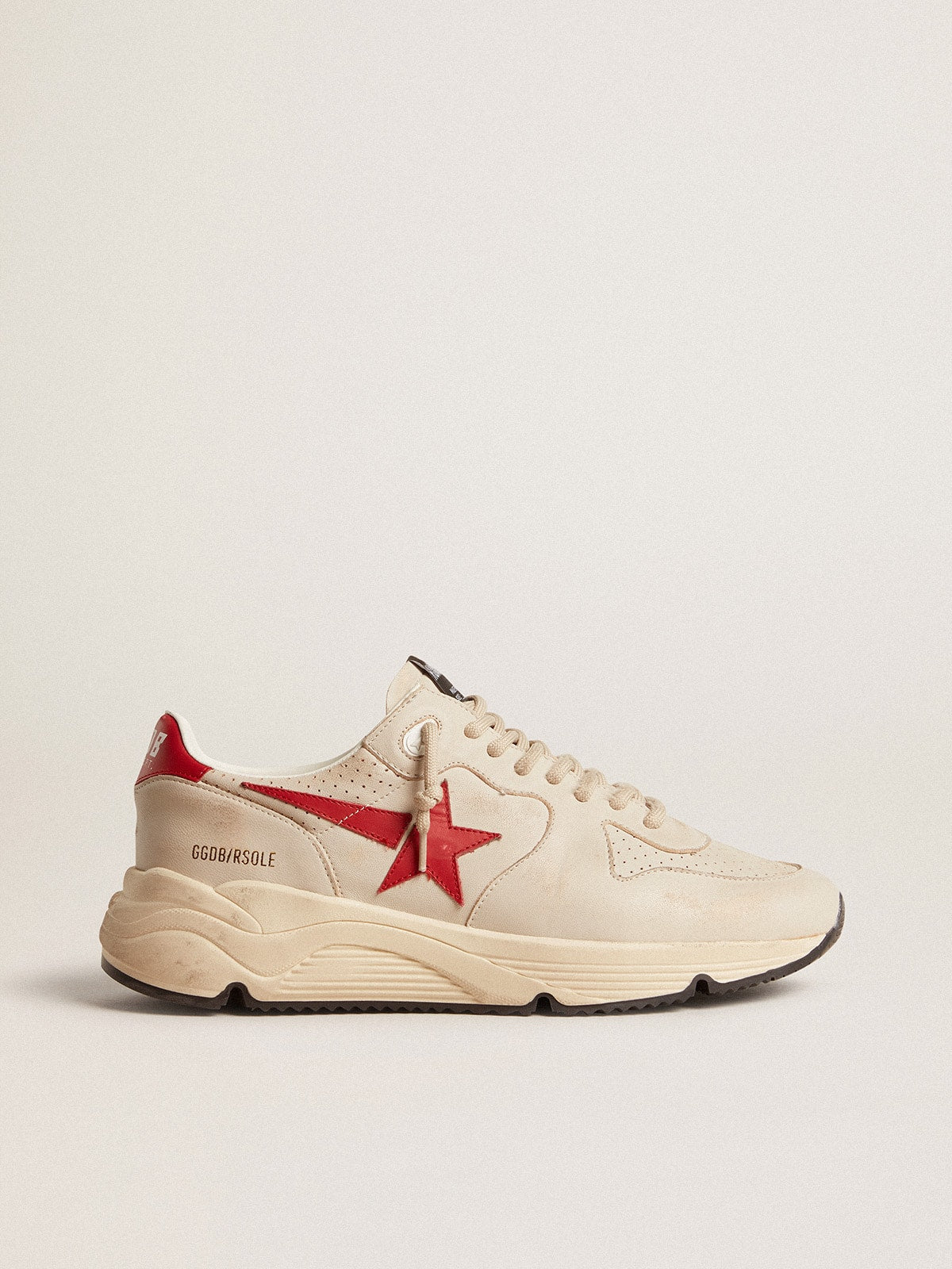Golden Goose Mens Running Sole In Gray Morn Nappa Leather With Red Nappa Leather Star And Heel Tab Mens