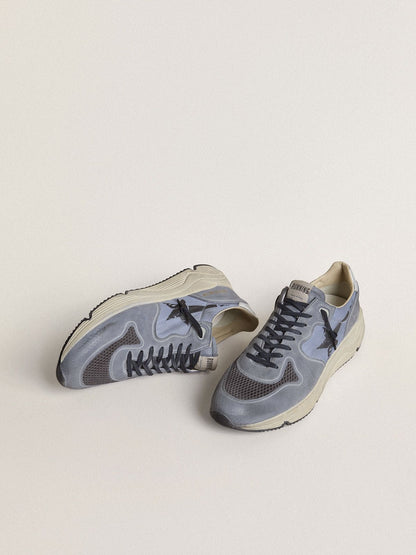 Golden Goose Mens Running Sole In Light Blue Nylon And Nubuck With Black Star Mens