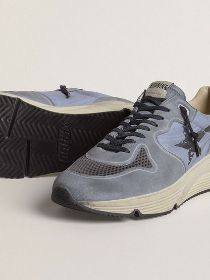 Golden Goose Mens Running Sole In Light Blue Nylon And Nubuck With Black Star Mens