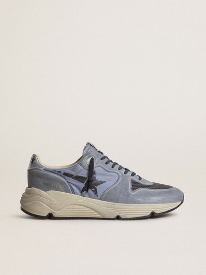 Golden Goose Mens Running Sole In Light Blue Nylon And Nubuck With Black Star Mens