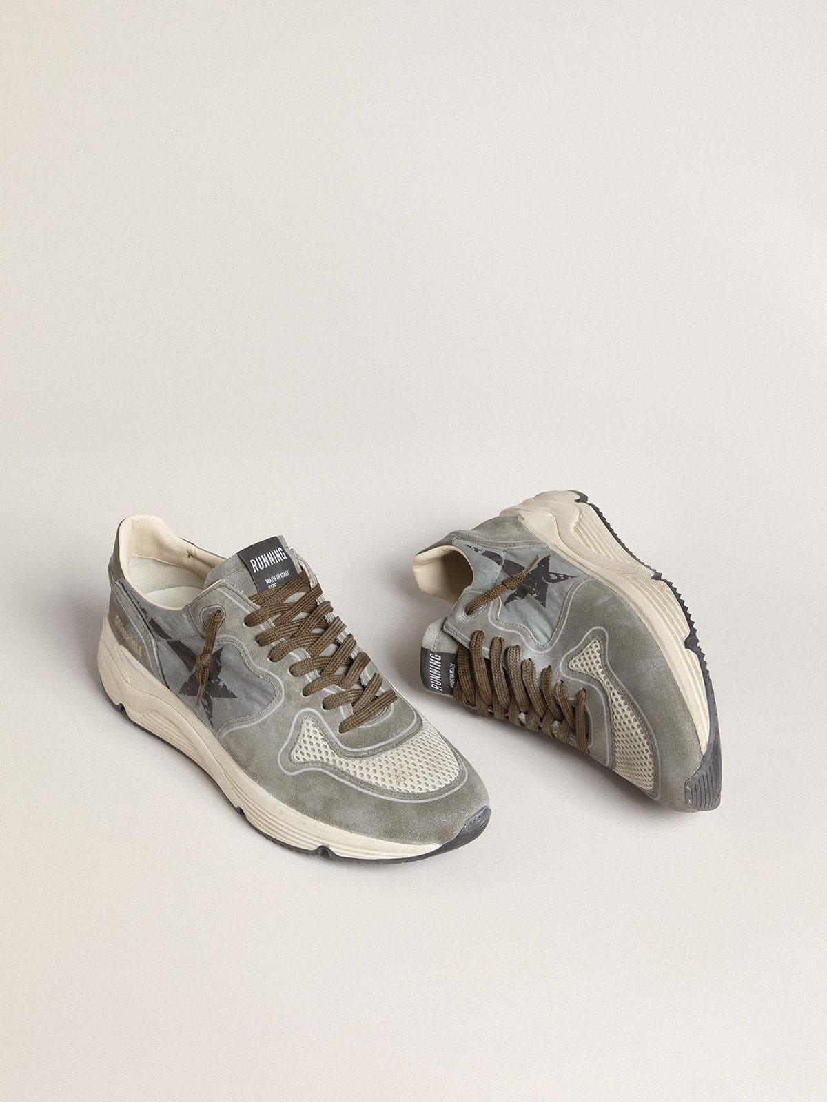 Golden Goose Mens Running Sole In Light Blue Nylon With Black Star And Green Leather Heel Tab Mens