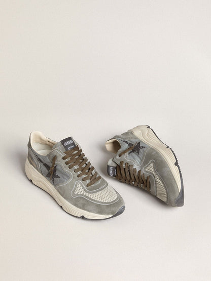 Golden Goose Mens Running Sole In Light Blue Nylon With Black Star And Green Leather Heel Tab Mens