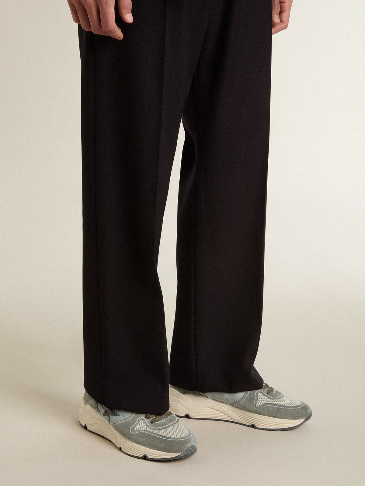 Golden Goose Mens Running Sole In Light Blue Nylon With Black Star And Green Leather Heel Tab Mens
