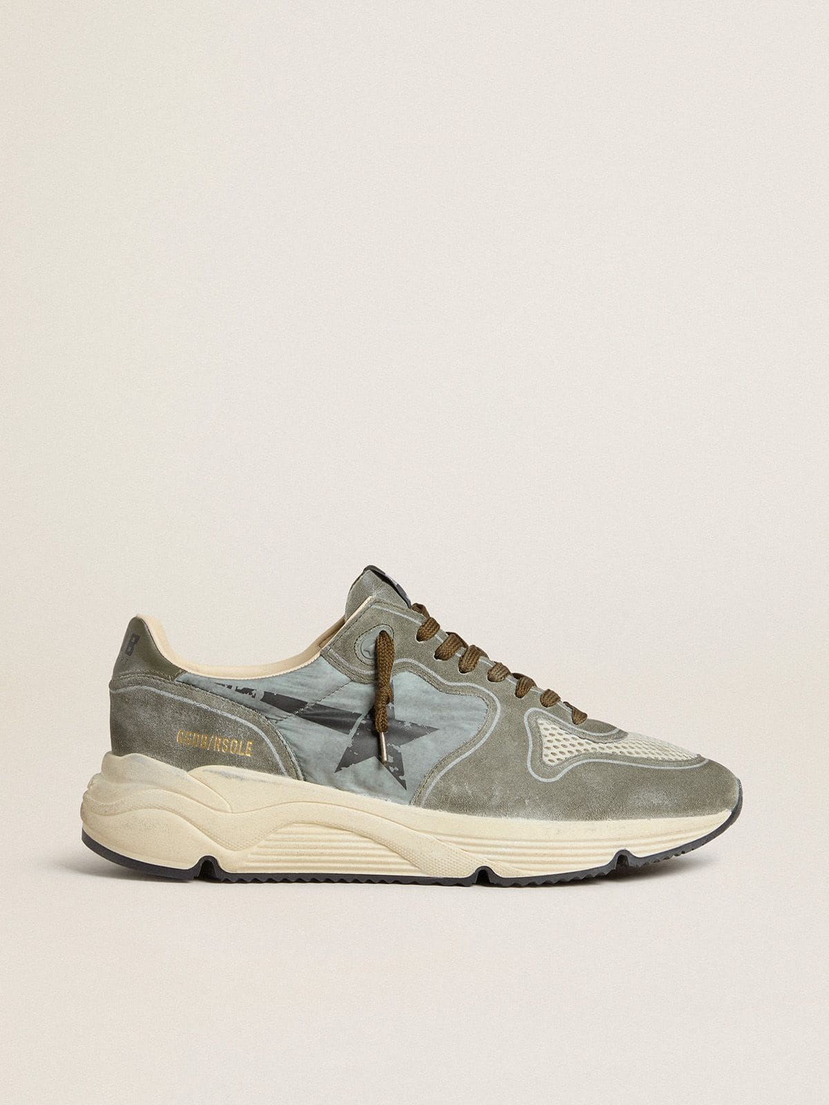 Golden Goose Mens Running Sole In Light Blue Nylon With Black Star And Green Leather Heel Tab Mens