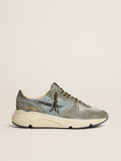 Golden Goose Mens Running Sole In Light Blue Nylon With Black Star And Green Leather Heel Tab Mens