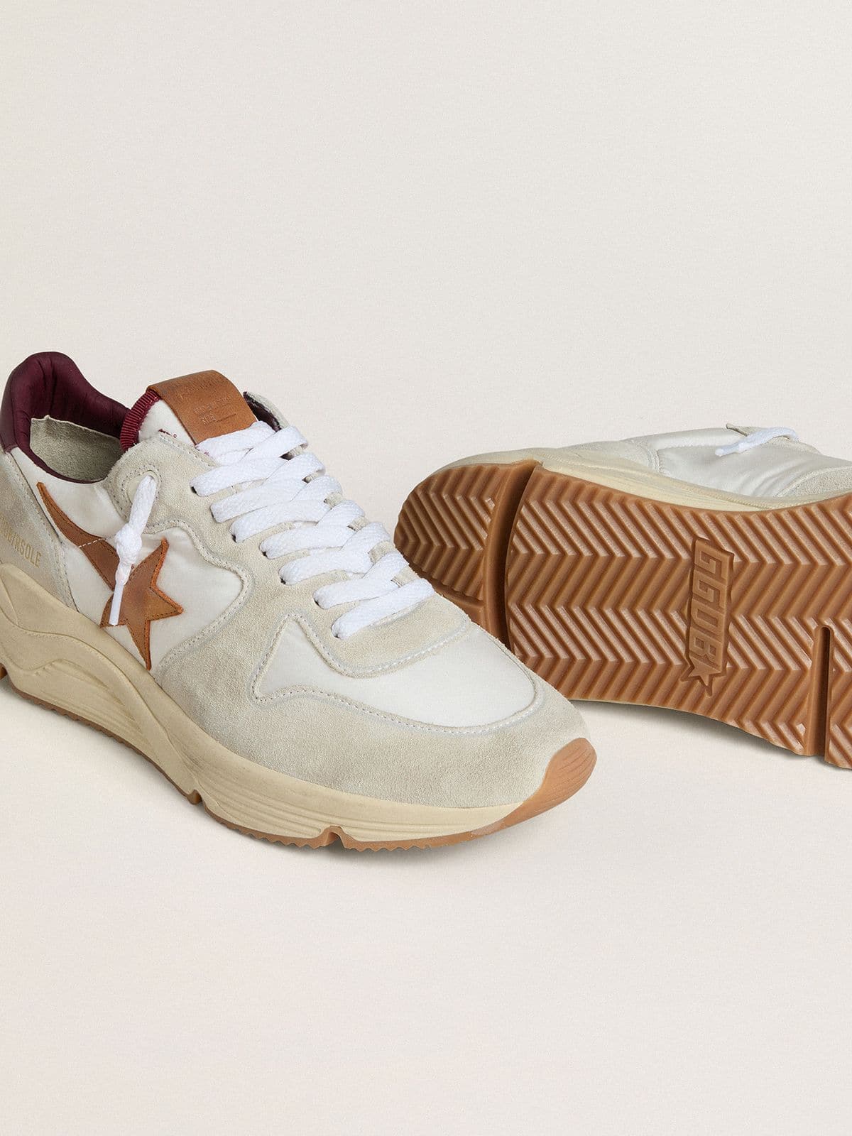 Golden Goose Mens Running Sole In Nylon And Suede With Brown Leather Star And Burgundy Leather Heel Tab Mens