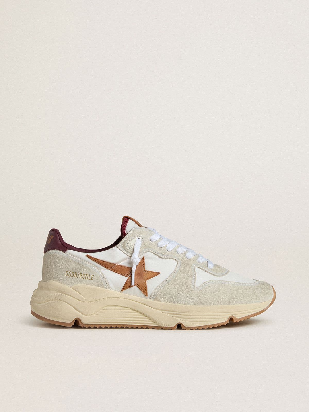 Golden Goose Mens Running Sole In Nylon And Suede With Brown Leather Star And Burgundy Leather Heel Tab Mens