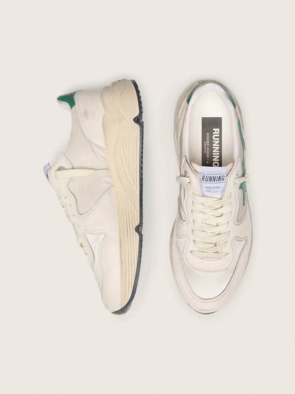 Golden Goose Mens Running Sole In Cream Nylon And Leather With Green Leather Star Mens