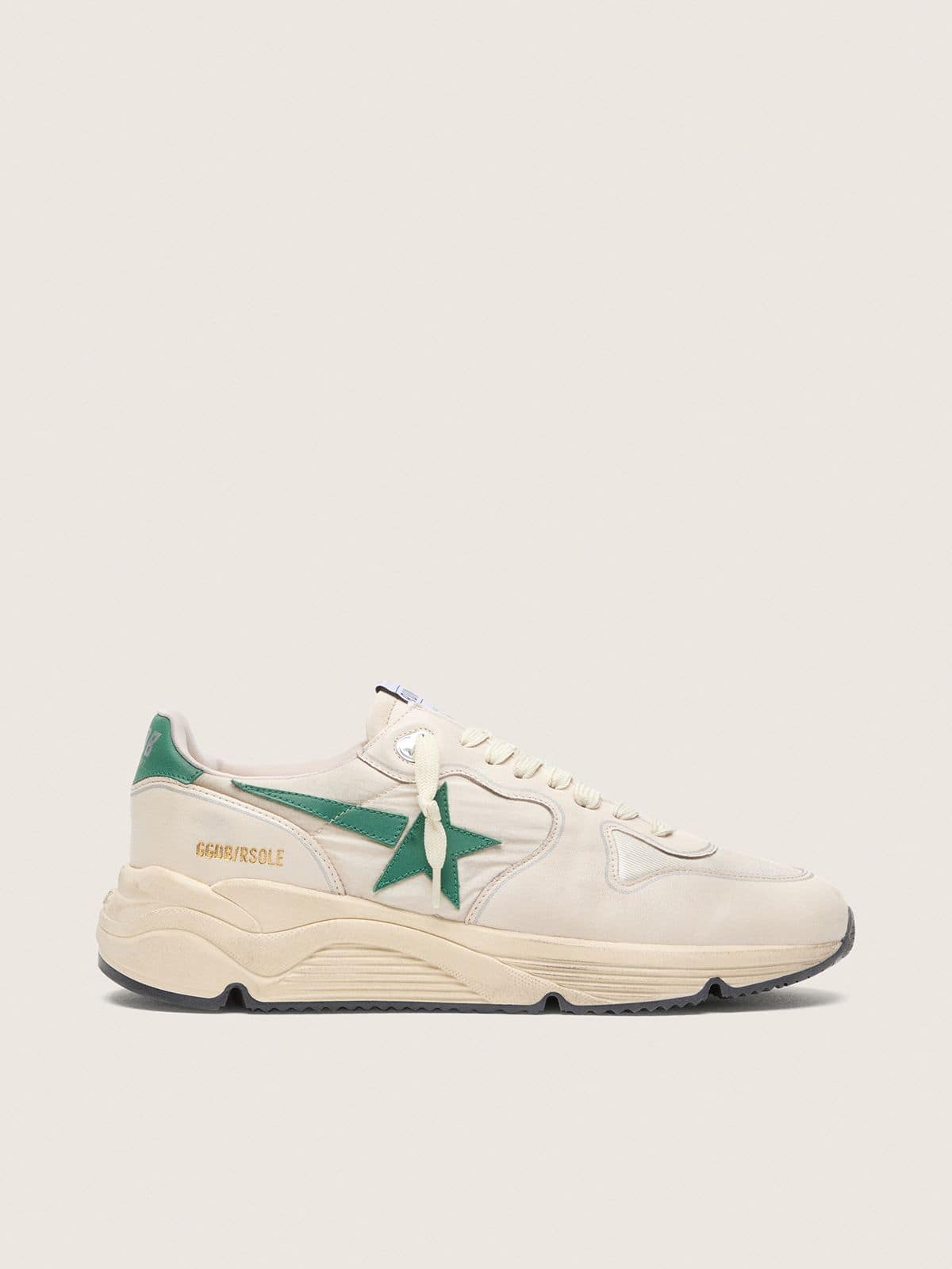 Golden Goose Mens Running Sole In Cream Nylon And Leather With Green Leather Star Mens