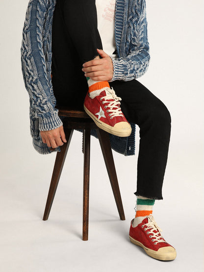 Golden Goose Mens V-Star In Dark Red Suede With Silver Star And Heel Tab Mens