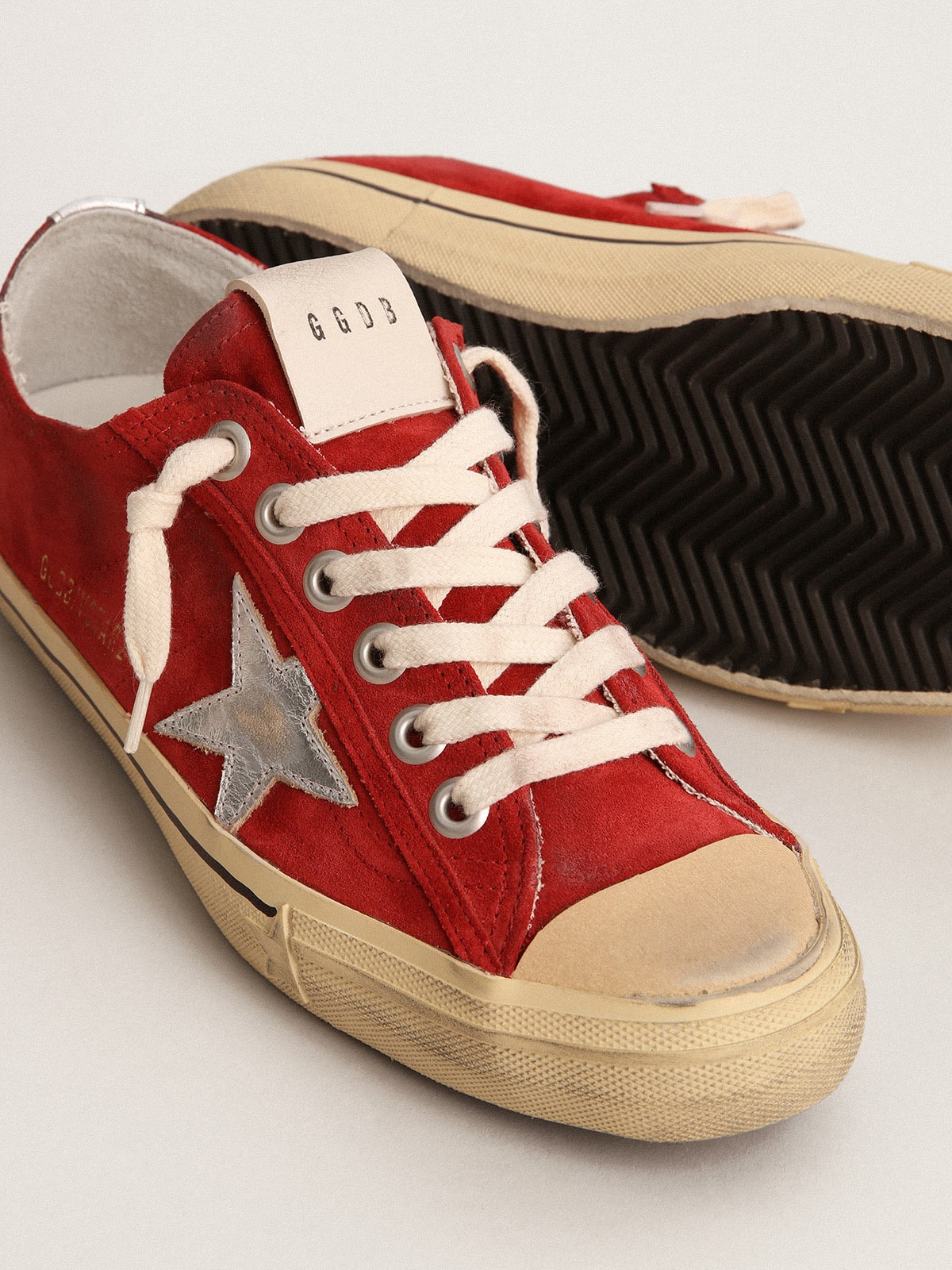 Golden Goose Mens V-Star In Dark Red Suede With Silver Star And Heel Tab Mens