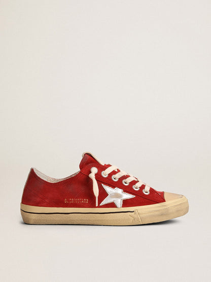 Golden Goose Mens V-Star In Dark Red Suede With Silver Star And Heel Tab Mens