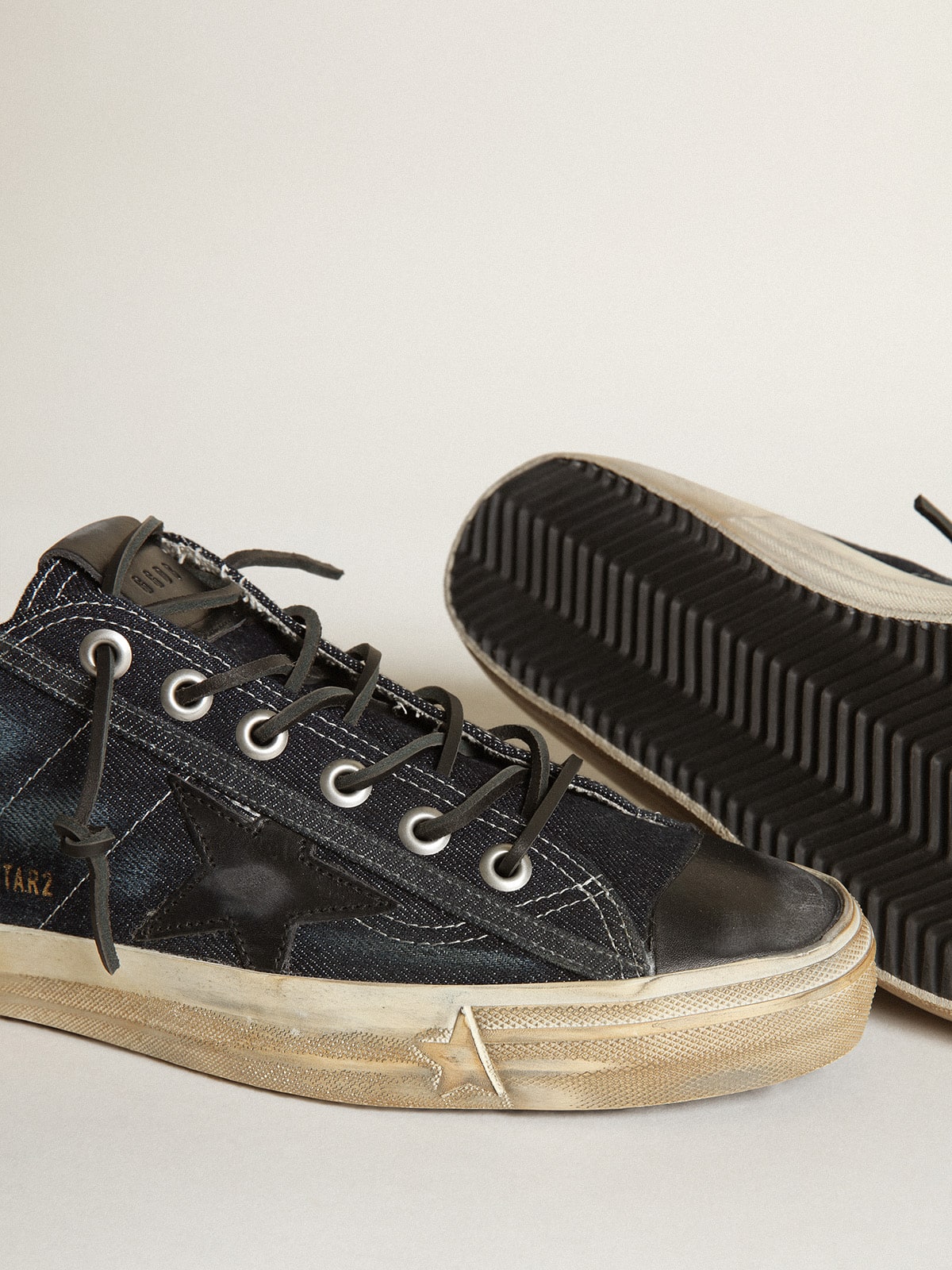 Golden Goose V-Star Sneakers In Midnight-Blue Denim With Black Leather Star And Toe Mens