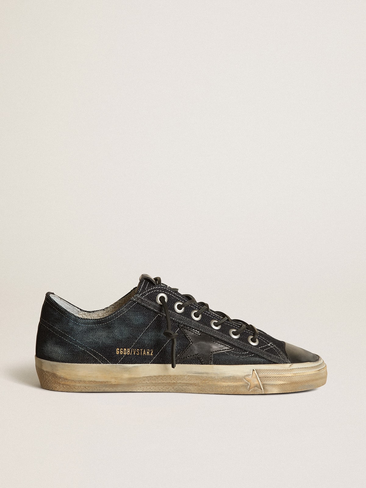 Golden Goose V-Star Sneakers In Midnight-Blue Denim With Black Leather Star And Toe Mens