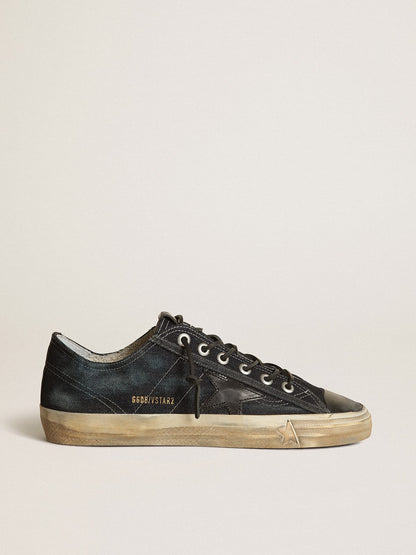 Golden Goose V-Star Sneakers In Midnight-Blue Denim With Black Leather Star And Toe Mens