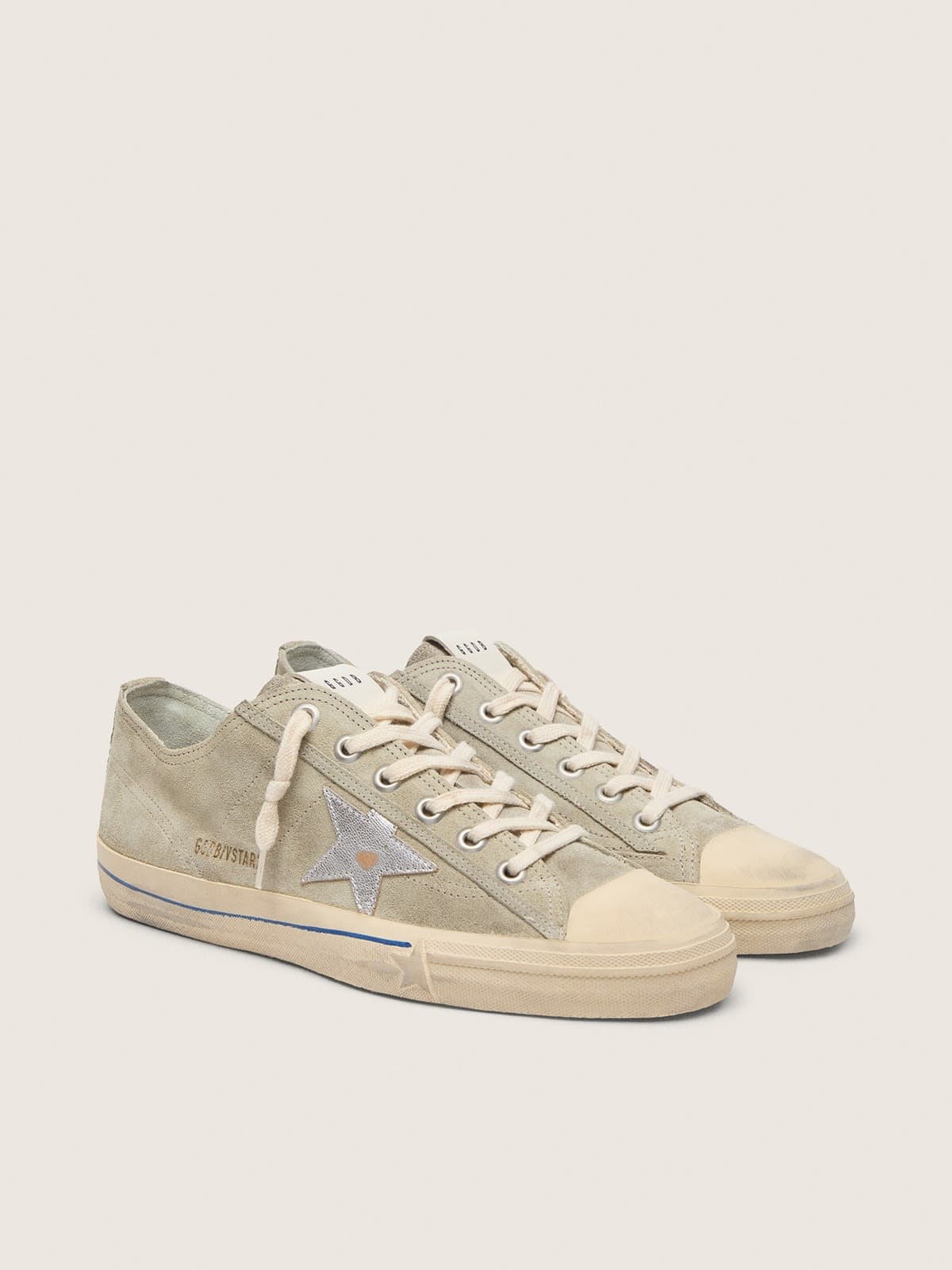 Golden Goose Mens V-Star In Dove-Gray Suede With Silver Metallic Leather Star Mens