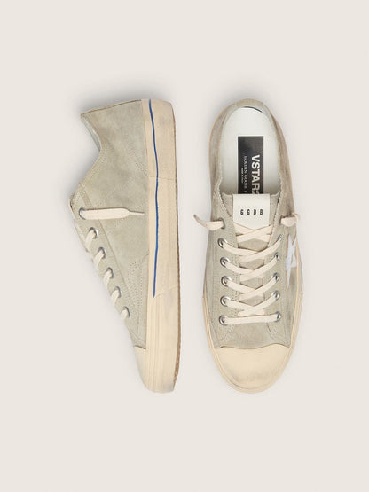 Golden Goose Mens V-Star In Dove-Gray Suede With Silver Metallic Leather Star Mens