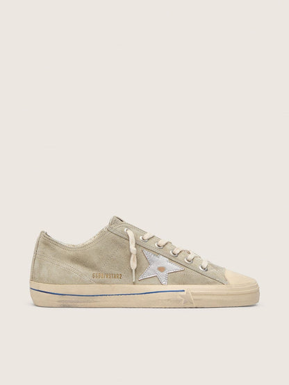 Golden Goose Mens V-Star In Dove-Gray Suede With Silver Metallic Leather Star Mens