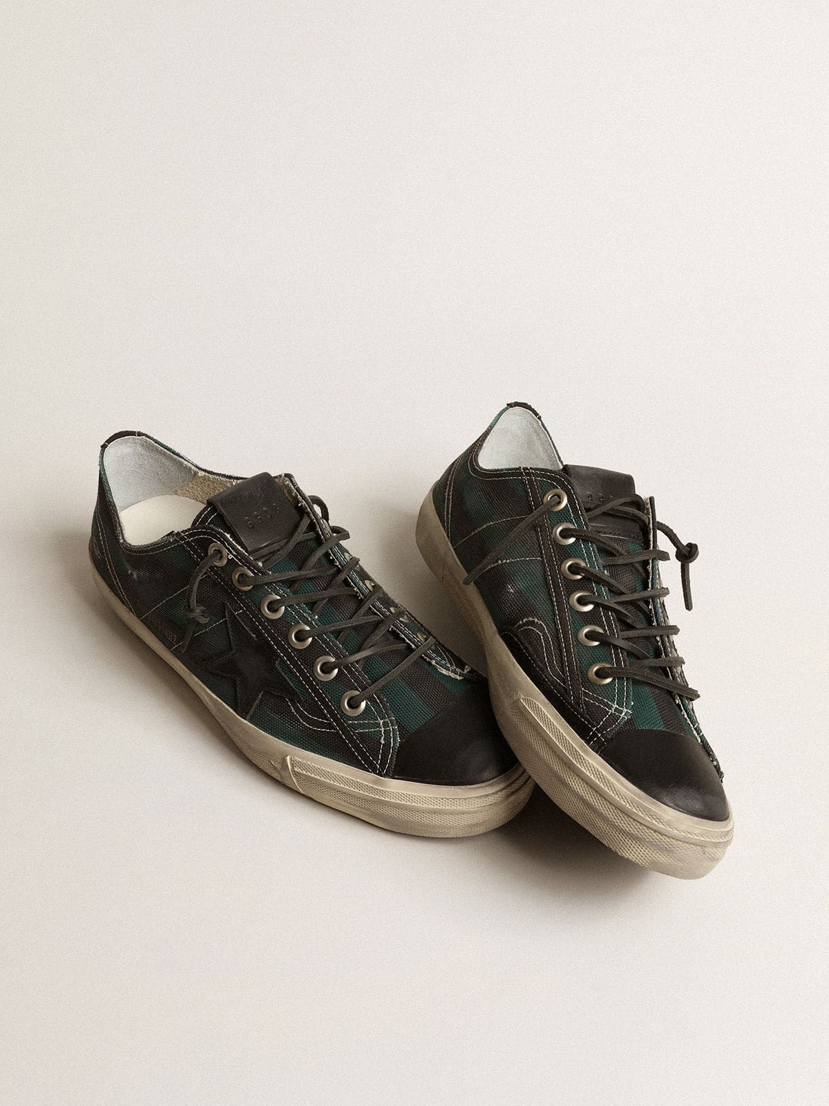 Golden Goose Mens V-Star In Black And Green Striped Canvas With Black Leather Star And Toe Mens