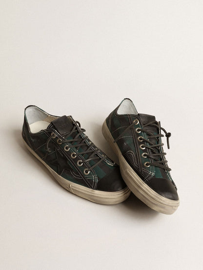 Golden Goose Mens V-Star In Black And Green Striped Canvas With Black Leather Star And Toe Mens