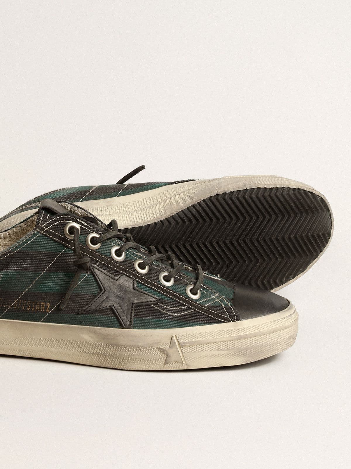 Golden Goose Mens V-Star In Black And Green Striped Canvas With Black Leather Star And Toe Mens